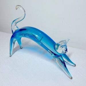 MURANO GLASS Blue Stretching Cat Figurine.